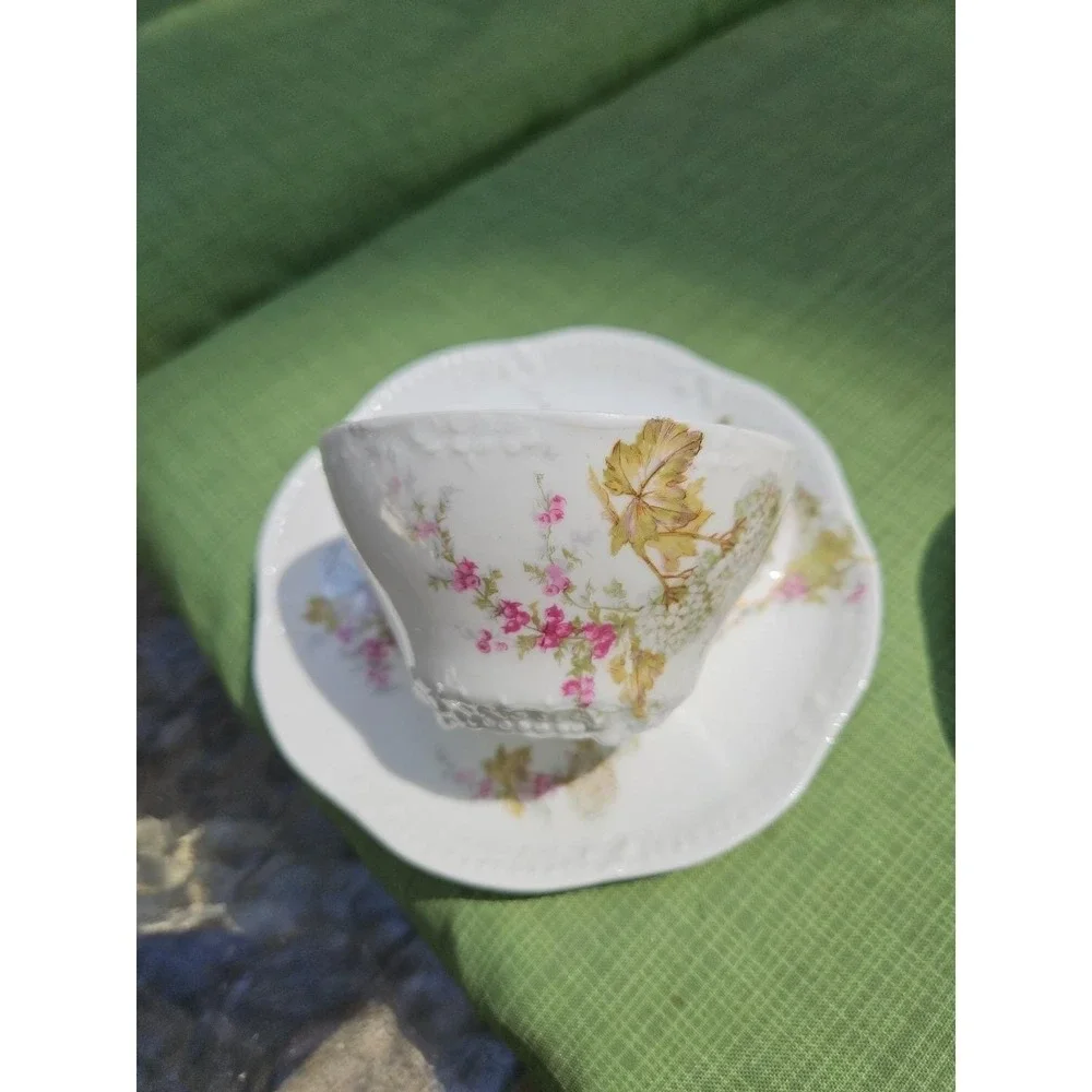 2 Tressemanes & Vogt T&V Limoges Teacup Saucer Scalloped Hydrangeas‎ Century VTG